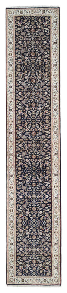 Midnight Blue Nain 250 KPSI Wool and Silk Hand Knotted Runner Rug 2'9" x 14'0"