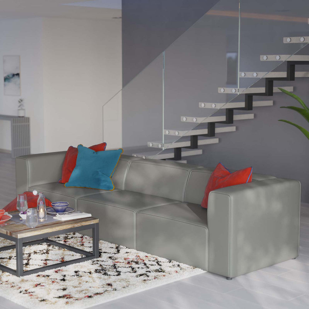 Sectional Sofa Set, Faux Vegan Leather, Gray, Modern, Lounge Hospitality