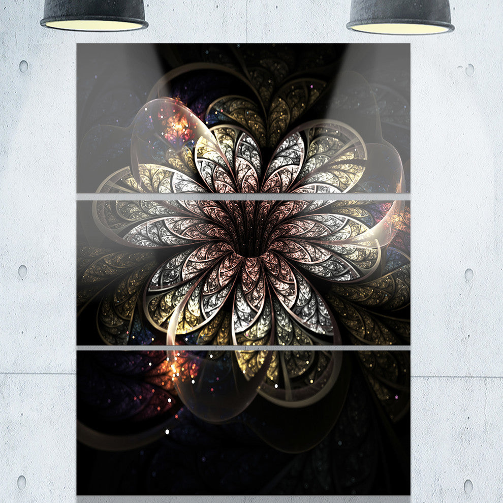 "Rounded Glowing Golden Fractal Flower" Metal Wall Art, 3 Panels, 28"x36"