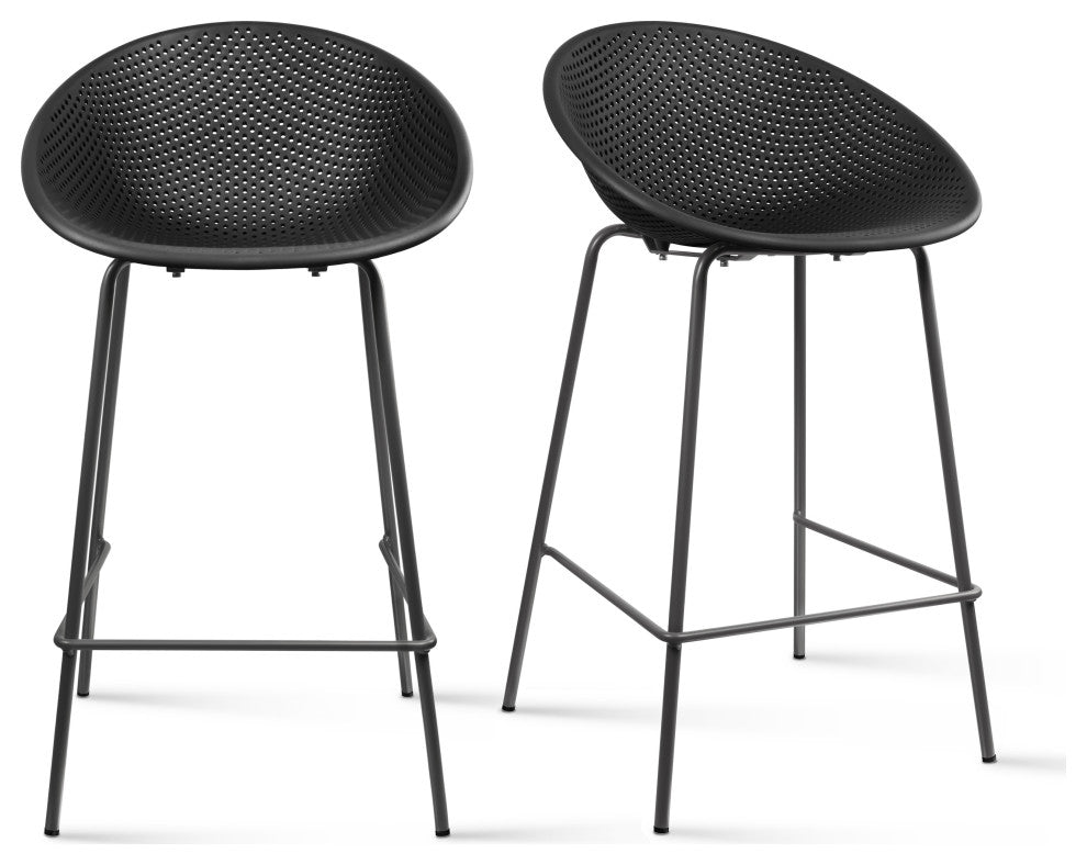 Set of 2 Modern Counter Stools with Perforated Low Back and Metal Frame, 25.5", Black
