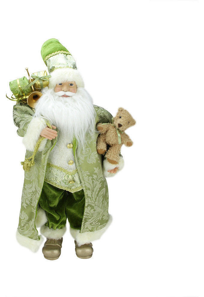 24" Standing Santa in Green and Gold Holding A Teddy Bear