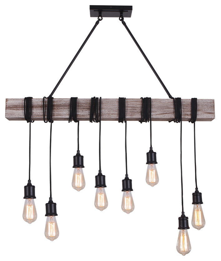 8 Light Wooden Rope Kitchen Island Linear Pendant