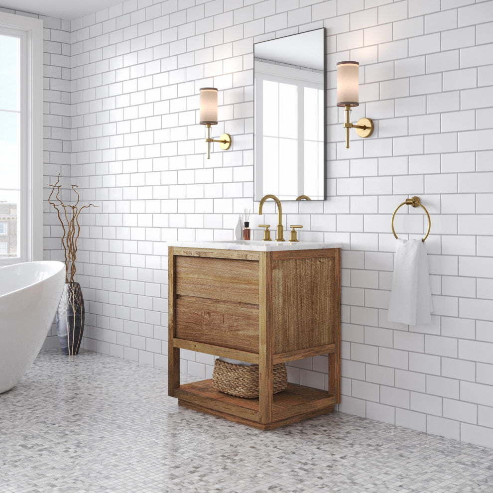 Oakman Marble Top Vanity in Mango Wood with Faucet, 30, Vanity With Satin Gold Faucet