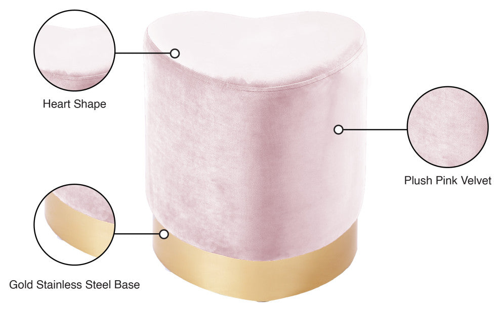Heart Velvet Upholstered Ottoman/Stool, Pink