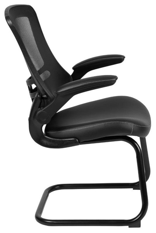 Black Mesh Sled Base Side Chair-White Stitched LeatherSoft Seat & Flip-Up Arms