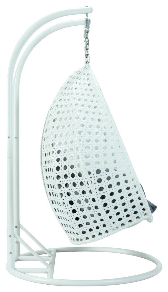 2 Person White Wicker Double Hanging Egg Swing Chair, Charcoal Blue
