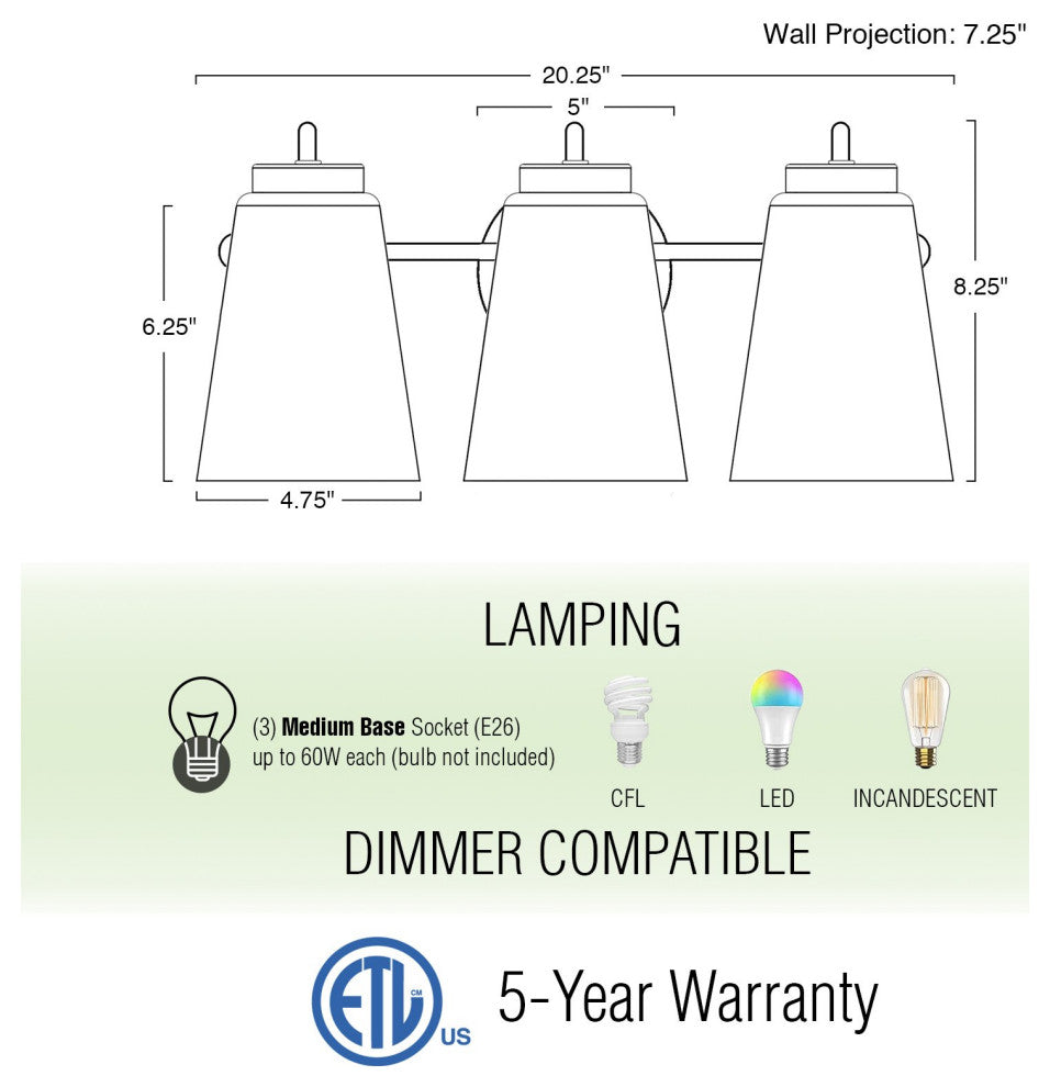 Kira Home Chatham 20" 3-Light Bathroom Light + Textured Glass Shades, Black