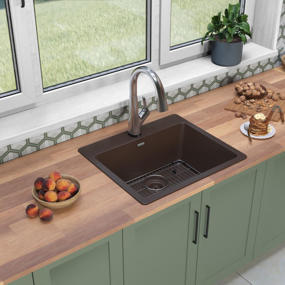 Quartz Classic 25" Single Bowl Drop-in Sink Kit With Filtered Faucet, Mocha