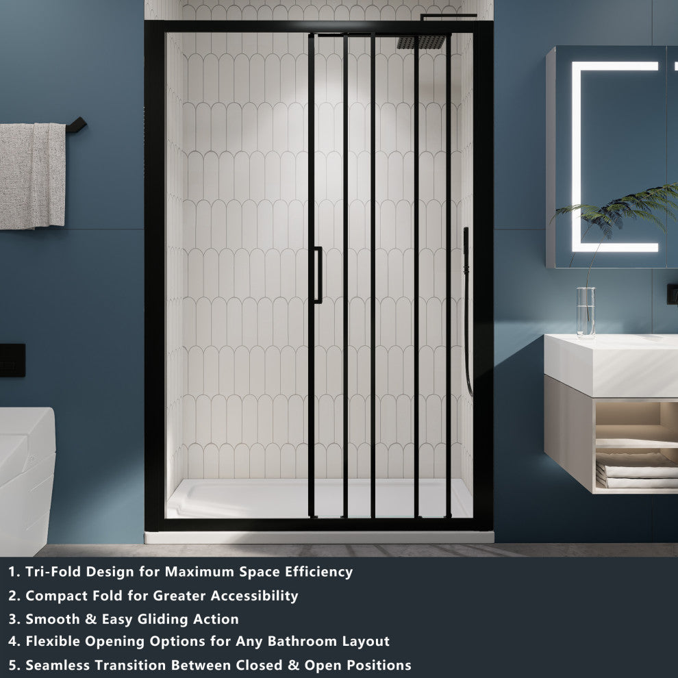 3-Panel Sliding Semi-Frameless Shower Door in Matte Black Finish, 54"x70"