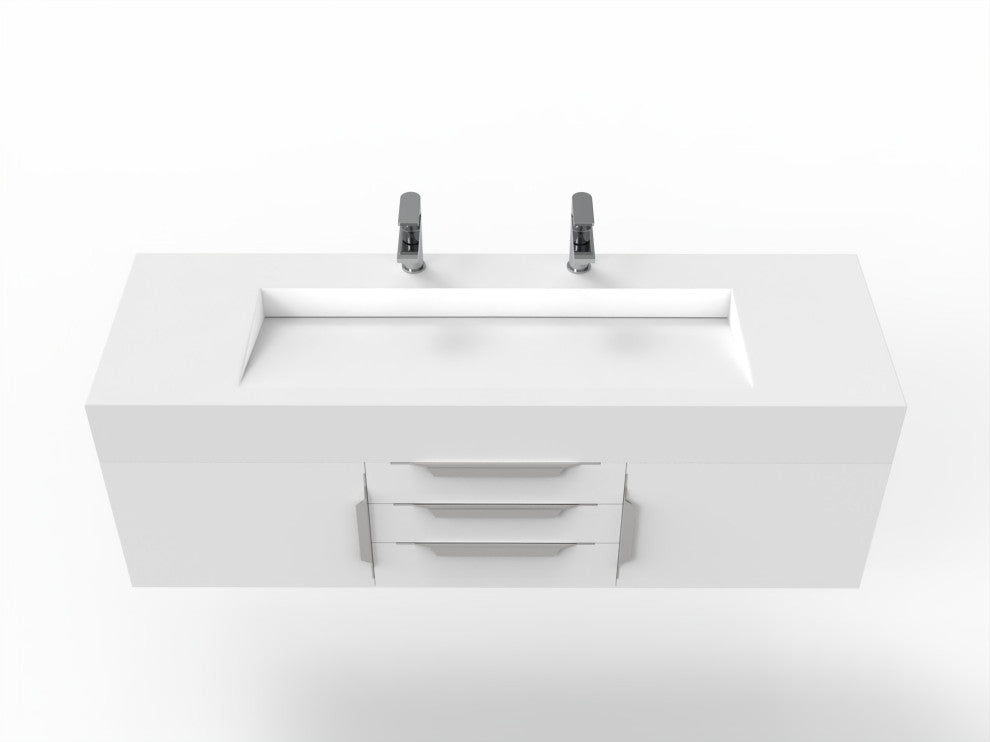 CastelloUSA Nile 60" Wall Mounted Vanity Set, White, White Top, Chrome Handles