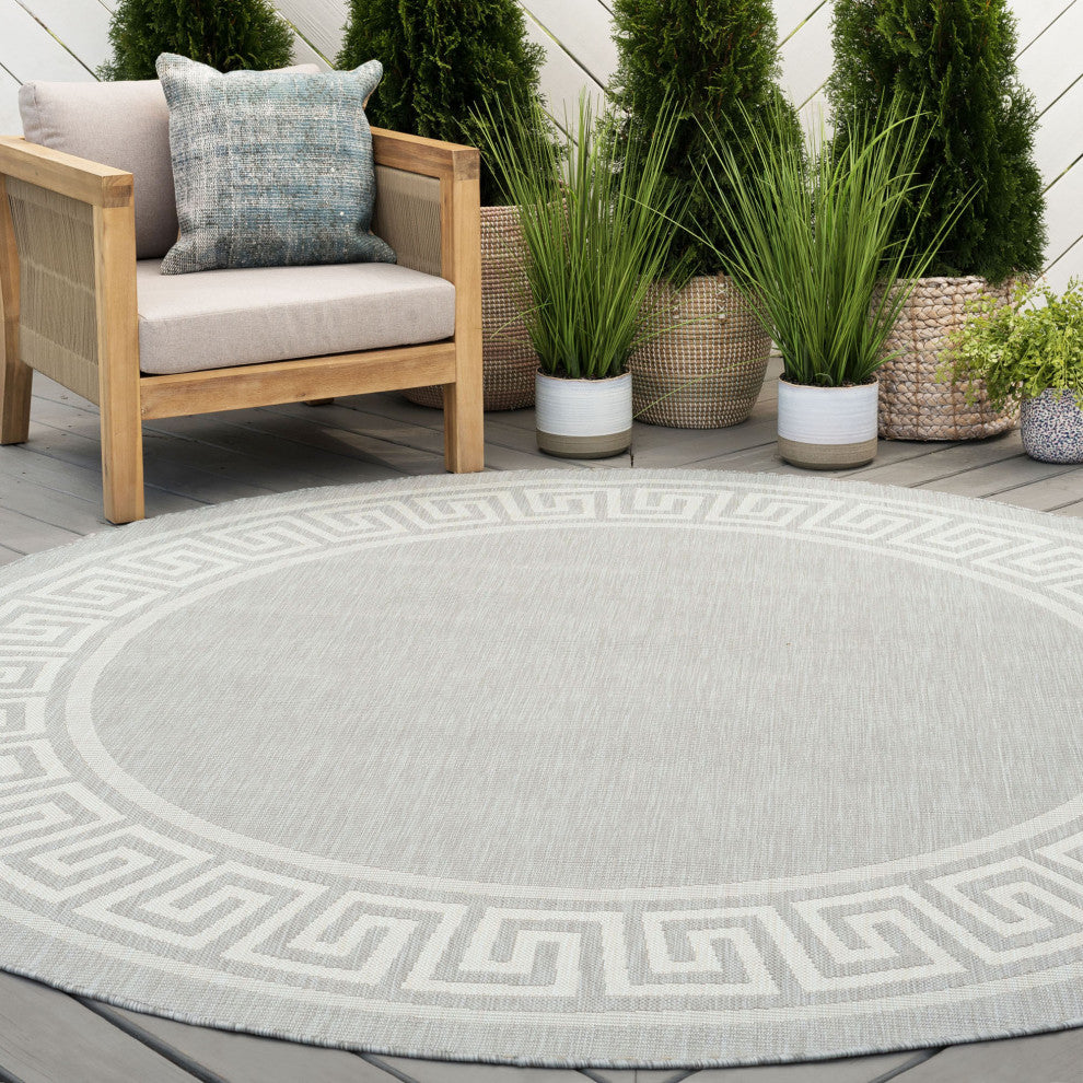 Giovanna Transitional Greek Key Gray/Cream Round Indoor/Outdoor Area Rug, 8'