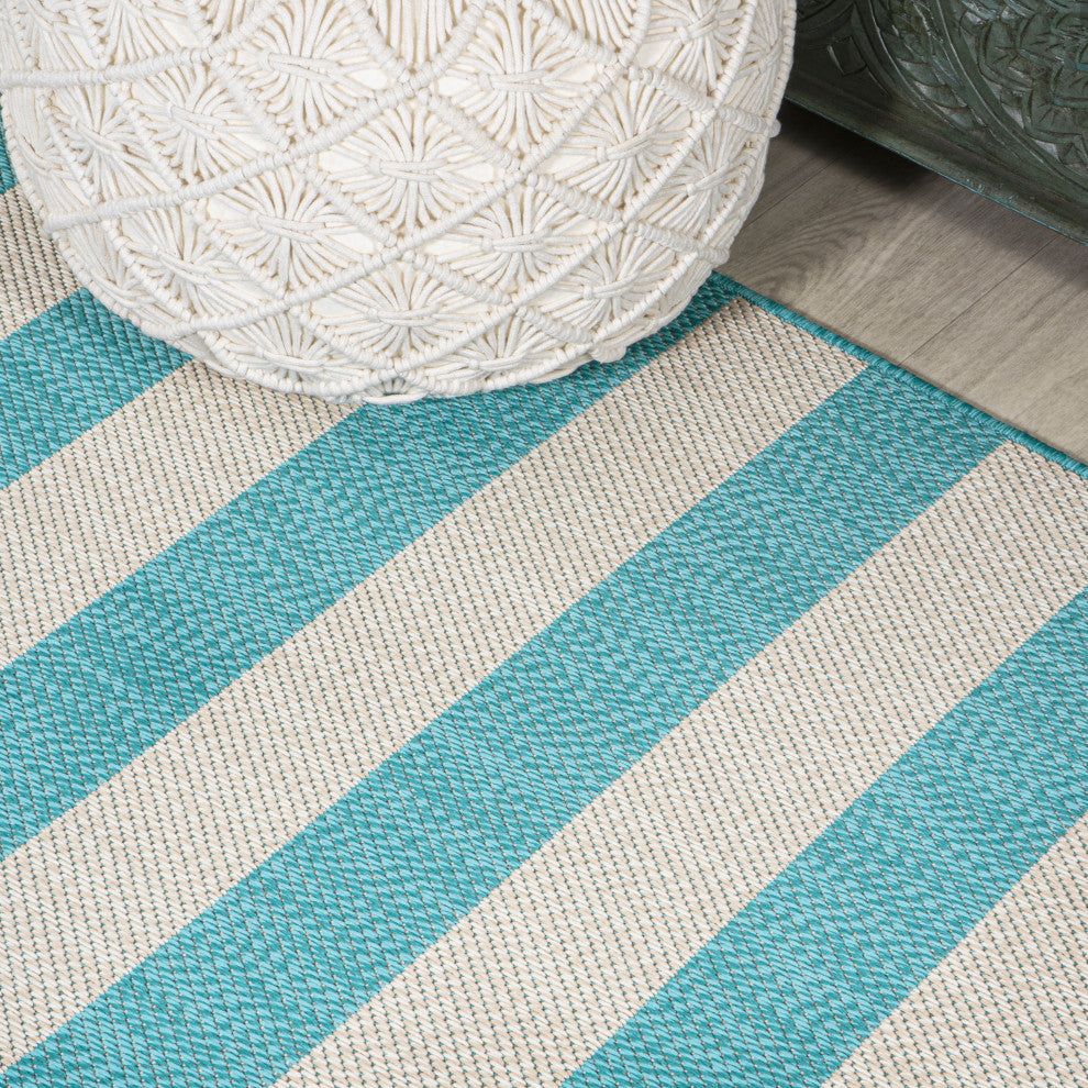Negril Two-Tone Wide Stripe Indoor/Outdoor Area Rug, Aqua/Cream, 8x10