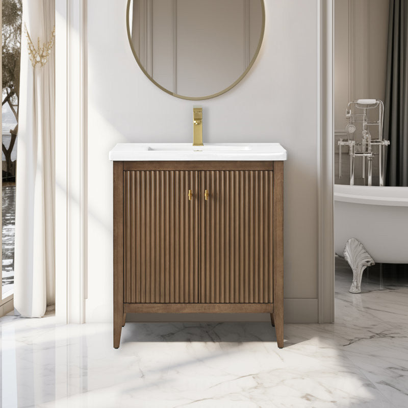 Vanity Art Freestanding Vanity, Walnut, 30", Single Sink, Golden Brushed