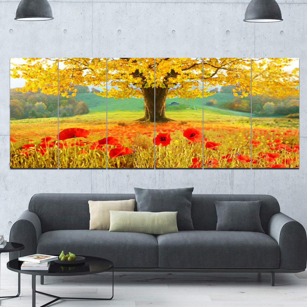 Beautiful Autumn Yellow Tree, Floral Canvas Art Print, 70"x28", 6 Panels