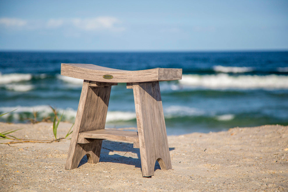 CoastalVogue Serenity 18" Eastern Style Teak Shower Bench Stool With Shelf