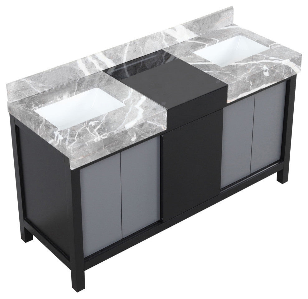 60" Double Vanity, Castle Gray Marble Tops, And White Square Sinks