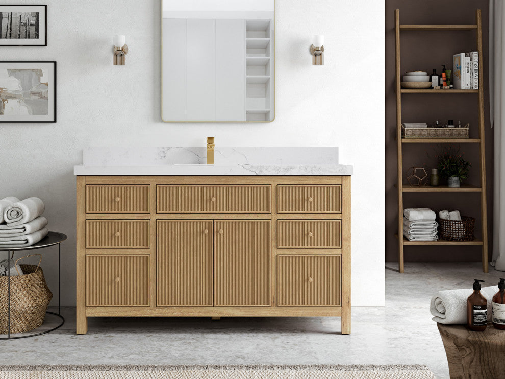 Sonoma 60 Single Bathroom Vanity in Light Natural Teak with 2" Calacatta Nuvo