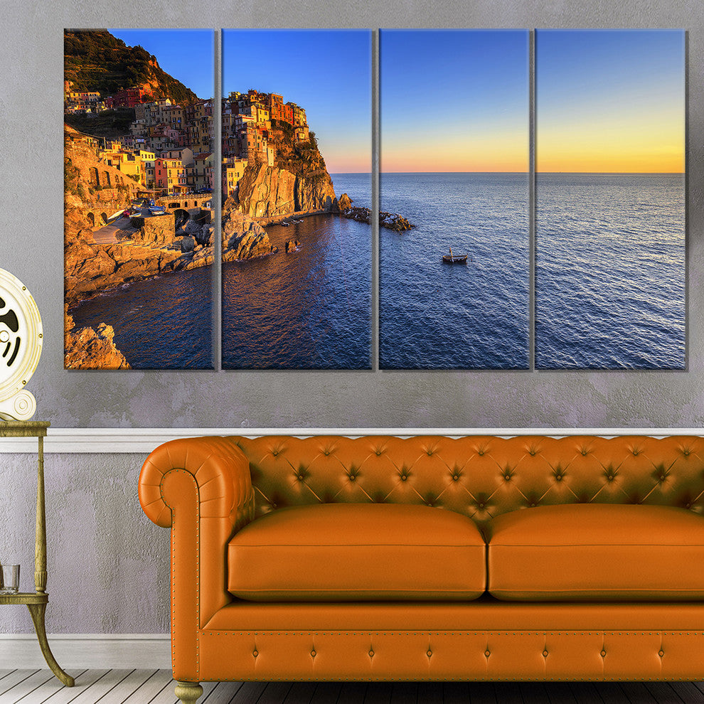 "Manarola Village Beach Panorama" Landscape Wall Art Print, 4 Panels, 48"x28"