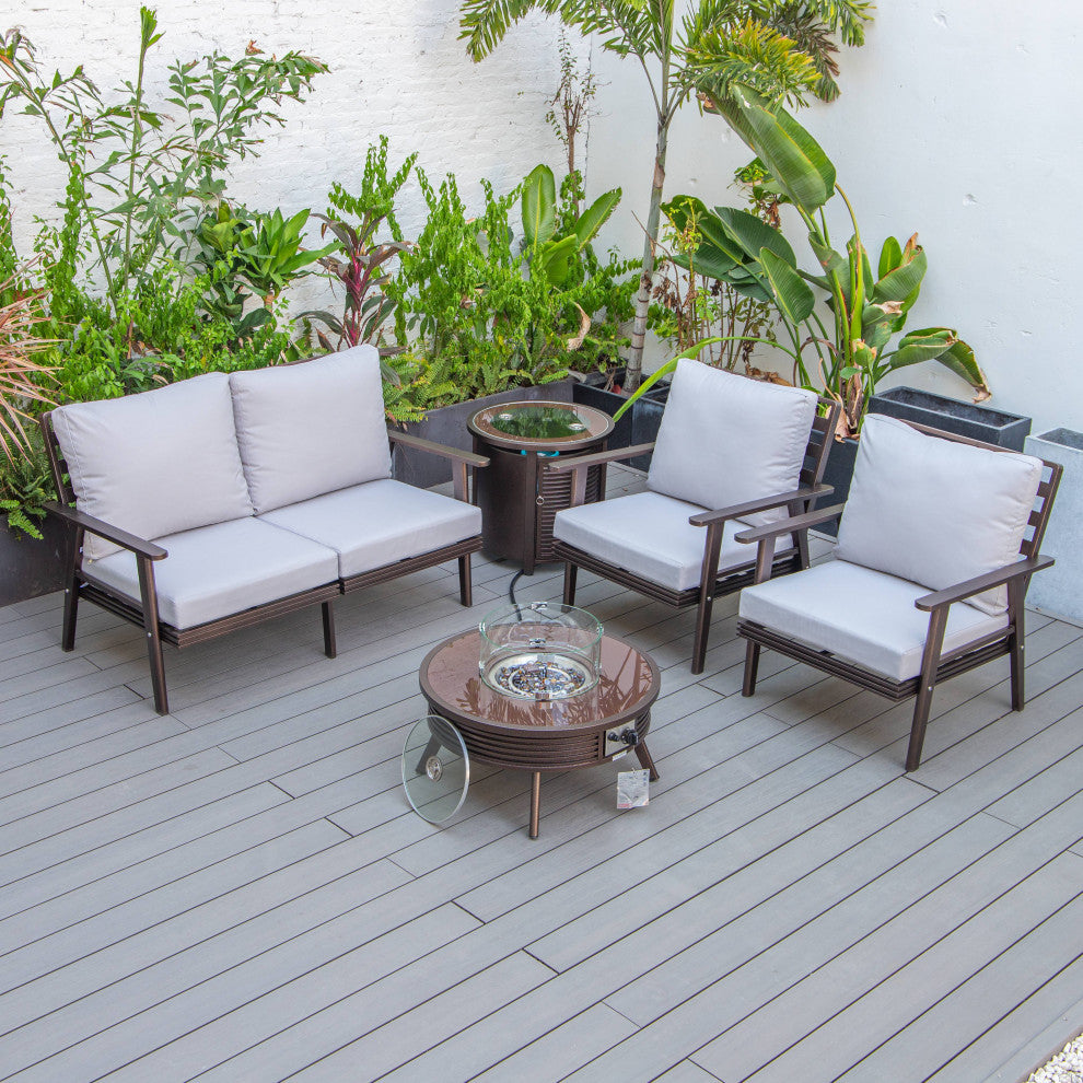 LeisureMod Walbrooke Patio Conversation Set With Fire Pit Table, Light Grey