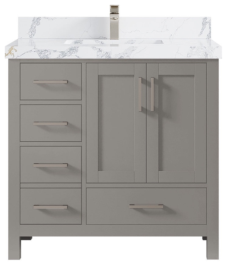 Malibu 36 Center Sink Bath Vanity in Elephant Skin Gray 2" Calacatta Poanazzo