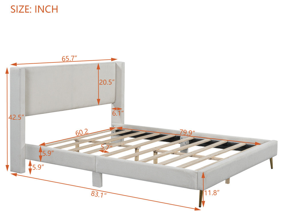 Gewnee Queen Size Corduroy Platform Bed with Metal Legs
