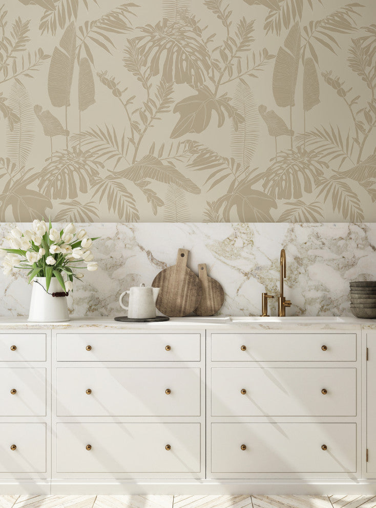 Hand Drawn Jungle Leaves Vinyl Peel and Stick Mural, Beige, 24"x96", Single