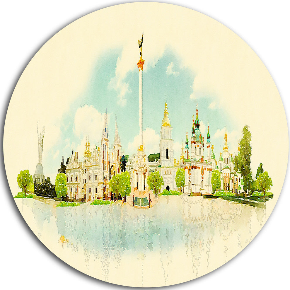 Kiev Panoramic View, Cityscape Watercolor Round Wall Art, 23"
