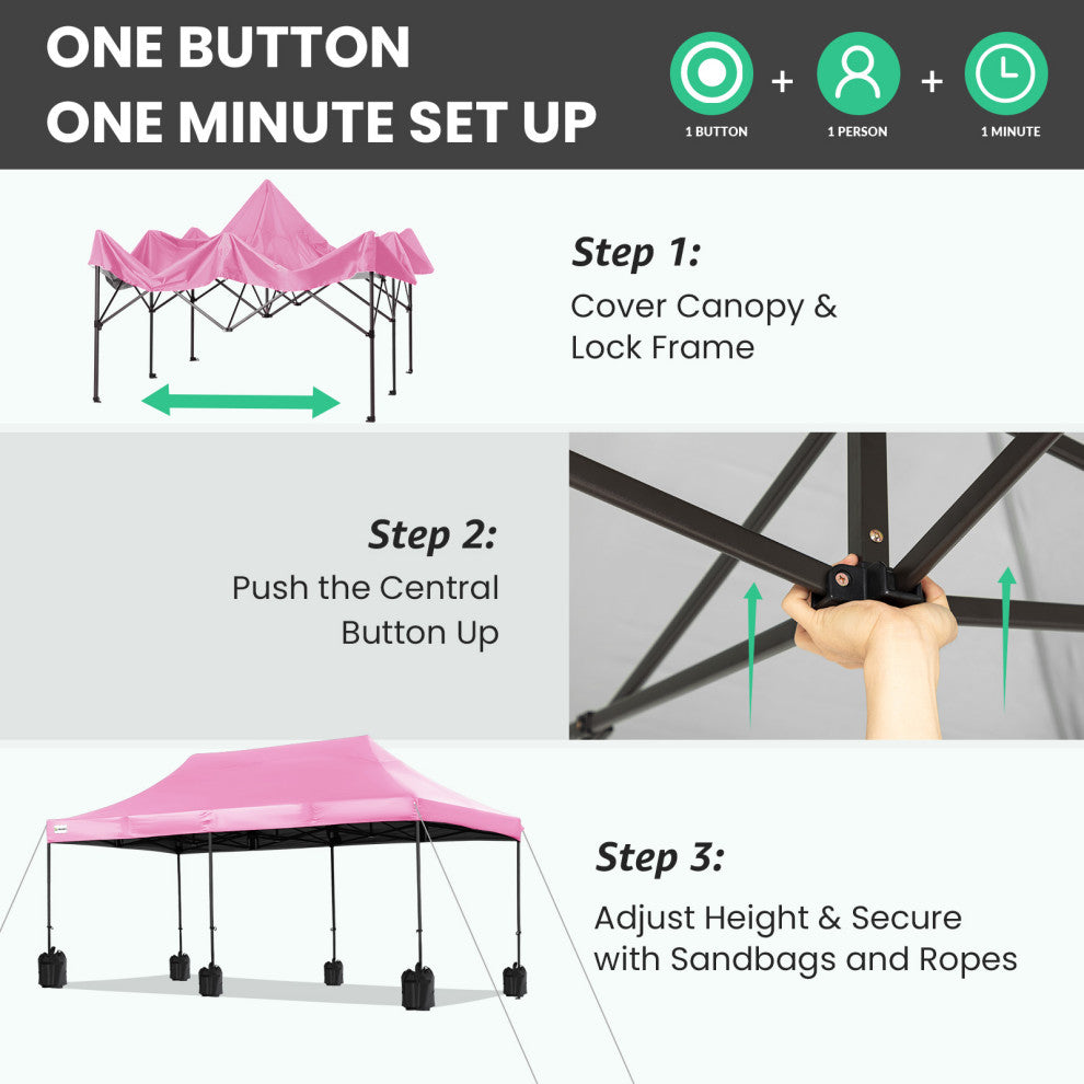JEAREY Pop Up Canopy Tent, Outdoor Canopy, 4 Sand Bags, Pink, 10x20ft