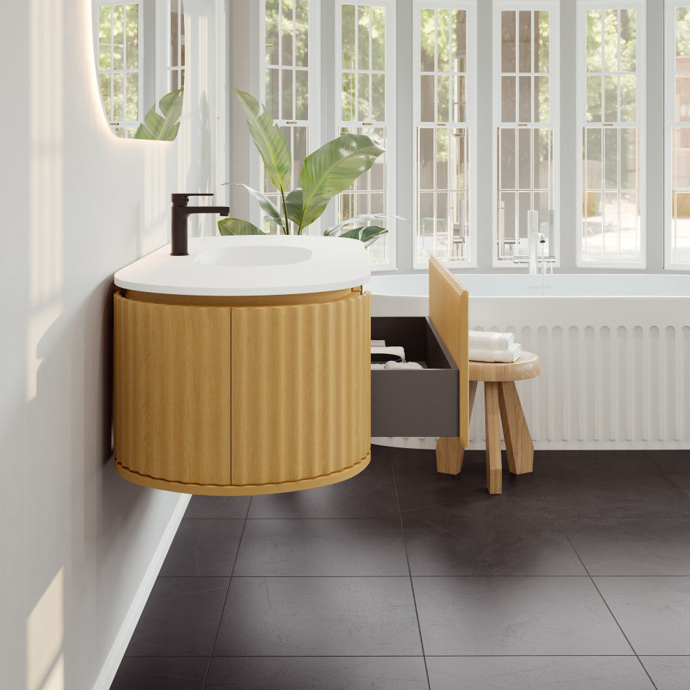 Eviva Haven 55" Oak Wallmount Vanity With White Solid Surface Integrated Top