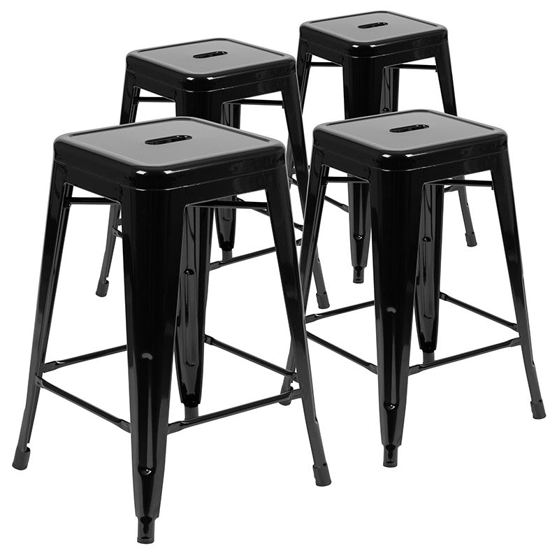 24" Metal Counter-Height Indoor Bar Stool, Stackable Set of 4, Black