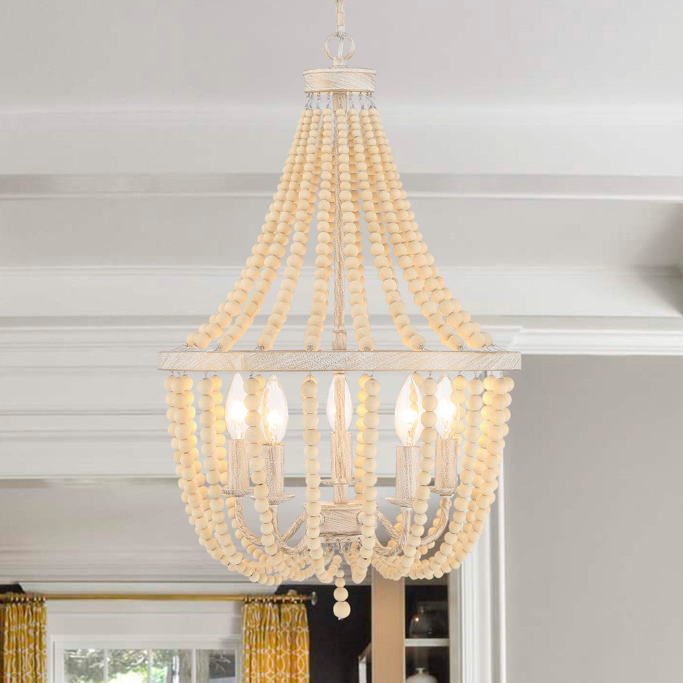 5 - Light Candle Style Empire Chandelier with Beaded Accents, White+gold