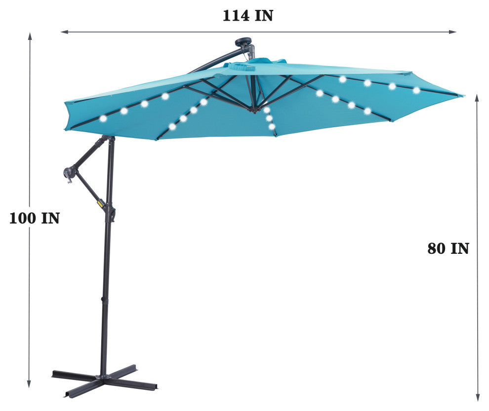 10' Steel Patio Hanging Cantilever Umbrella With 32 Solar LED Lights, Blue