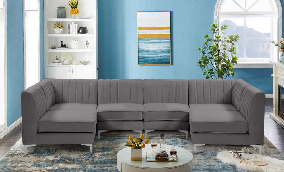 Alina Velvet Modular U-Shaped Sectional, Grey, 6-Piece: 4 Armless Chair, 2 Corner Chair