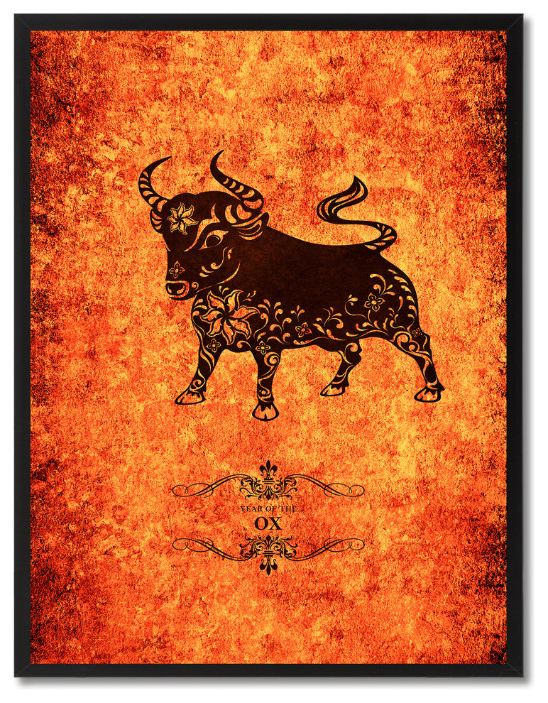 Ox Chinese Zodiac Orange Print on Canvas with Picture Frame, 22"x29"