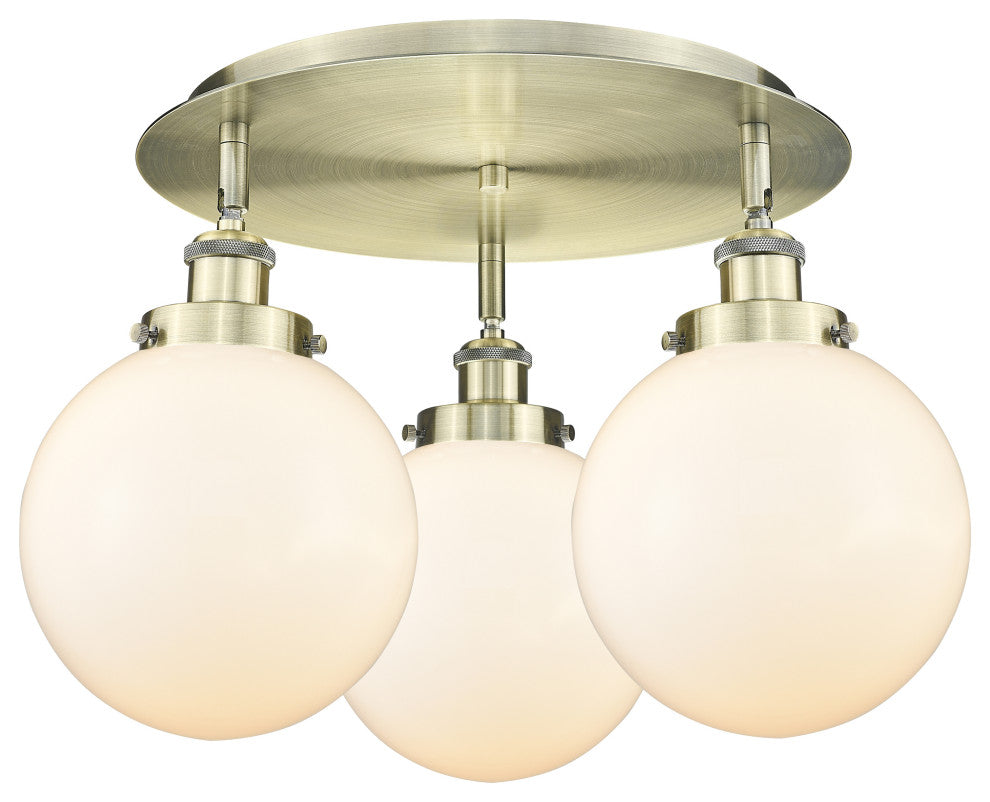 Canton-3 Light 20" Flush Mount-Antique Brass, Matte White Glass Shade