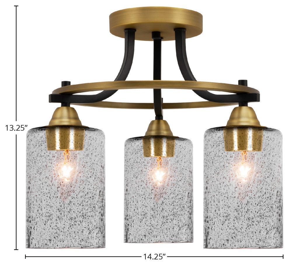 Paramount 3-Light Semi-Flush Light, Matte Black & Brass, 4" Smoke Bubble Glass