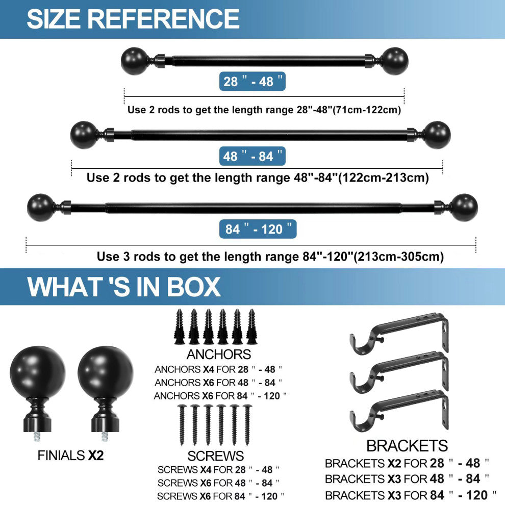 1" Steel Ball Drapery Curtain Rod, Black, 48"-84"