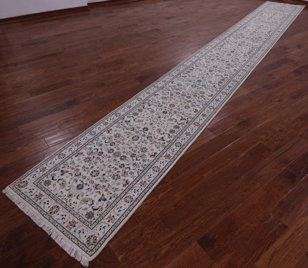 2' 6" X 19' 10" Runner Hand Knotted Persian Nain Wool and Silk Rug Q4518