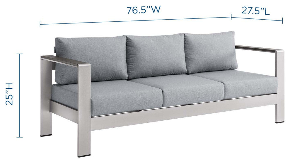 Lounge Sofa, Aluminum, Metal, Silver Gray, Modern, Outdoor Patio Bistro