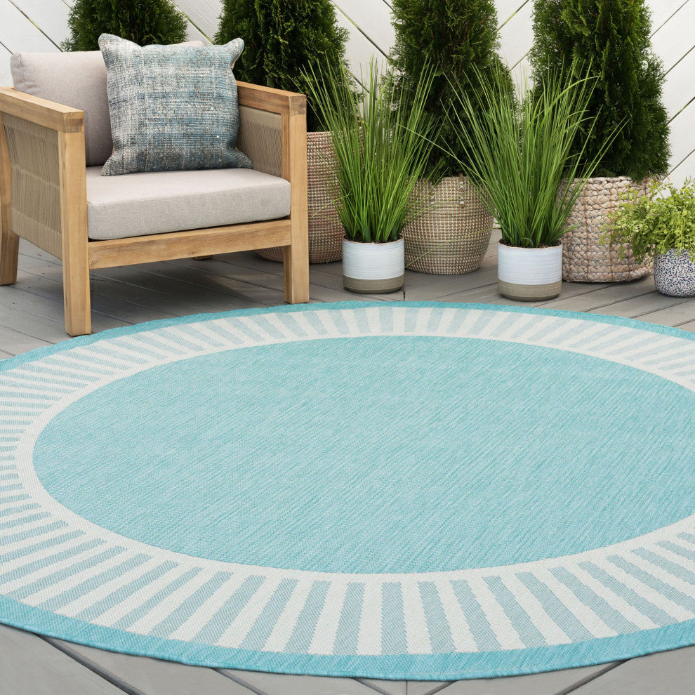 Elgin Transitional Striped Border Aqua/Cream Round Indoor/Outdoor Area Rug, 8'