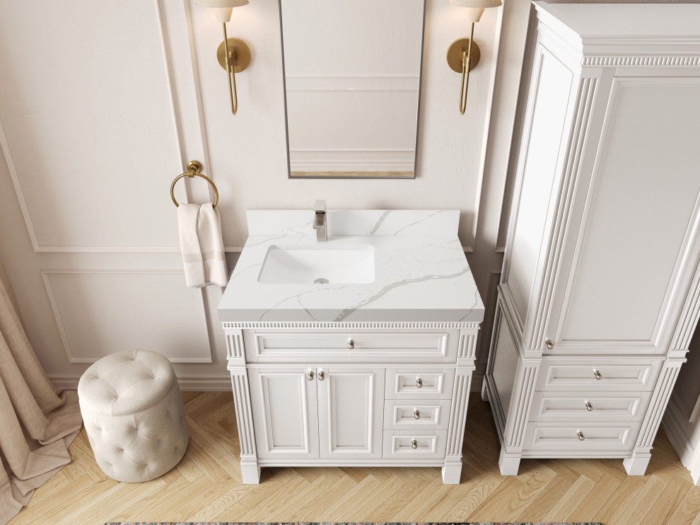 Paris 36" Left Offset Bathroom Vanity, White 2" Calacatta Laza
