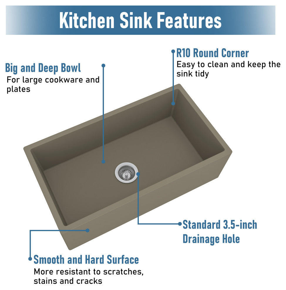 33in Single Bowl Farmhouse Apron Kitchen Sink with Bottom Grid and Drainer, Taupe Clay