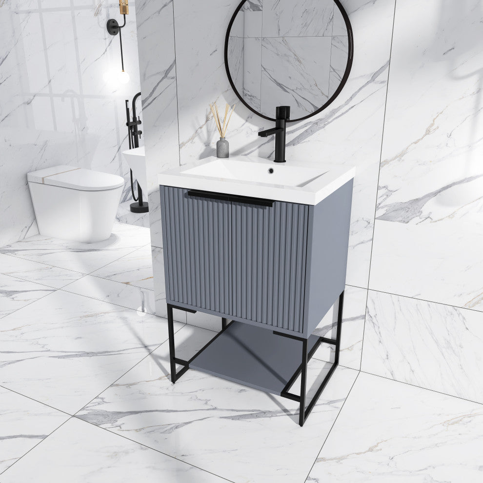 Plywood Freestanding Bathroom Vanity Set with White Ceramic Sink , Rock Grey, 24