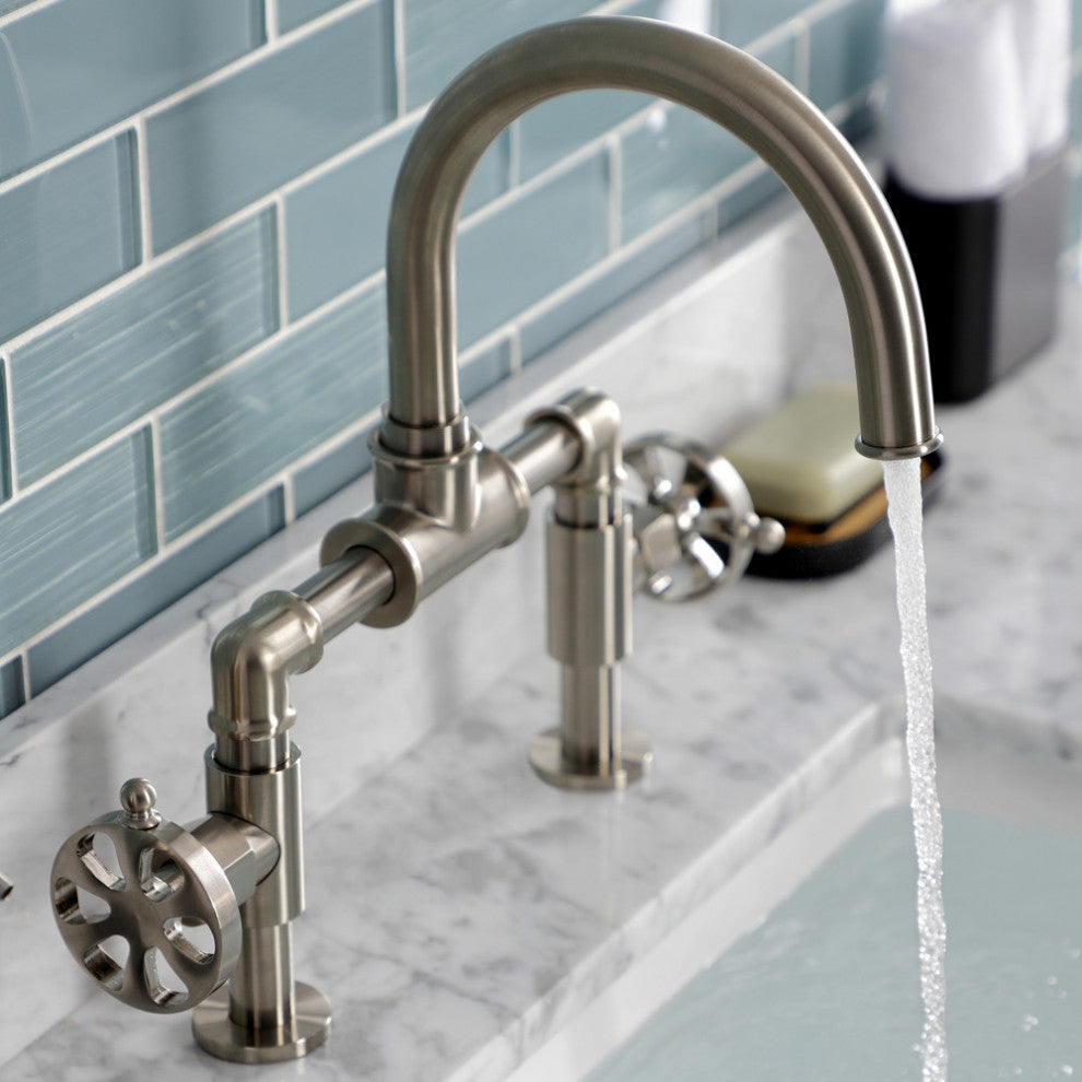 Belknap Style Wheel Handle Bridge Bathroom Faucet With Drain, Brushed Nickel
