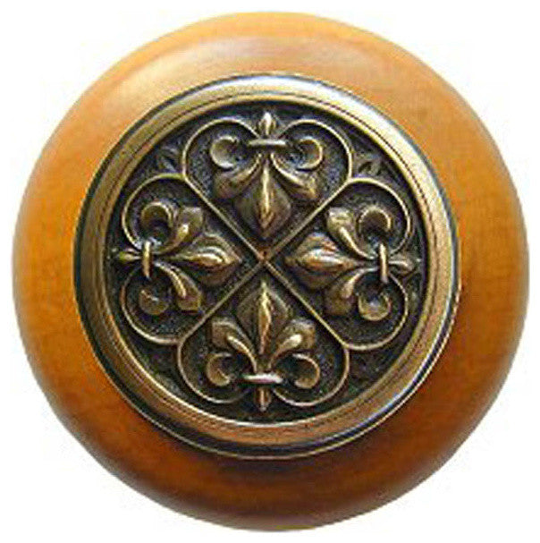 Fleur-de-Lis Wood Knob, Antique Brass, Maple Wood Finish, Antique Brass