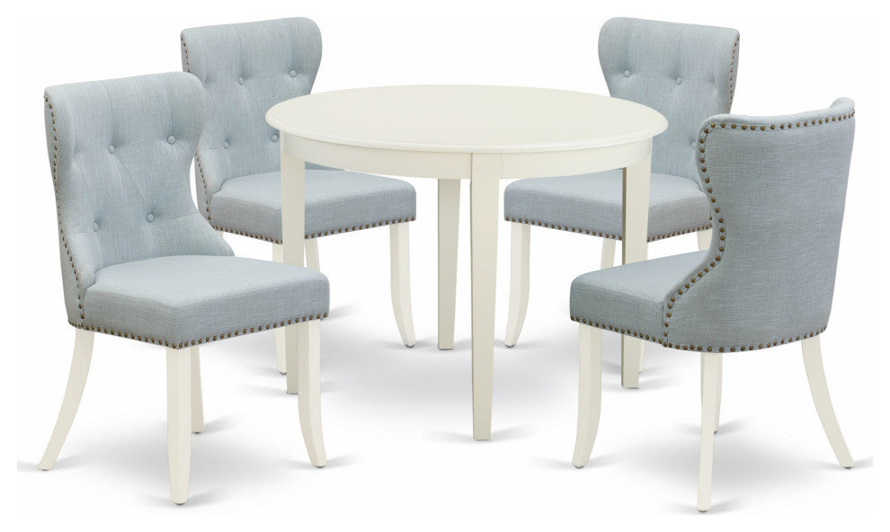 A Wooden Dining Set Of 4 Chairs, Baby Blue Color, Wooden Table, Linen White
