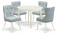 A Wooden Dining Set Of 4 Chairs, Baby Blue Color, Wooden Table, Linen White