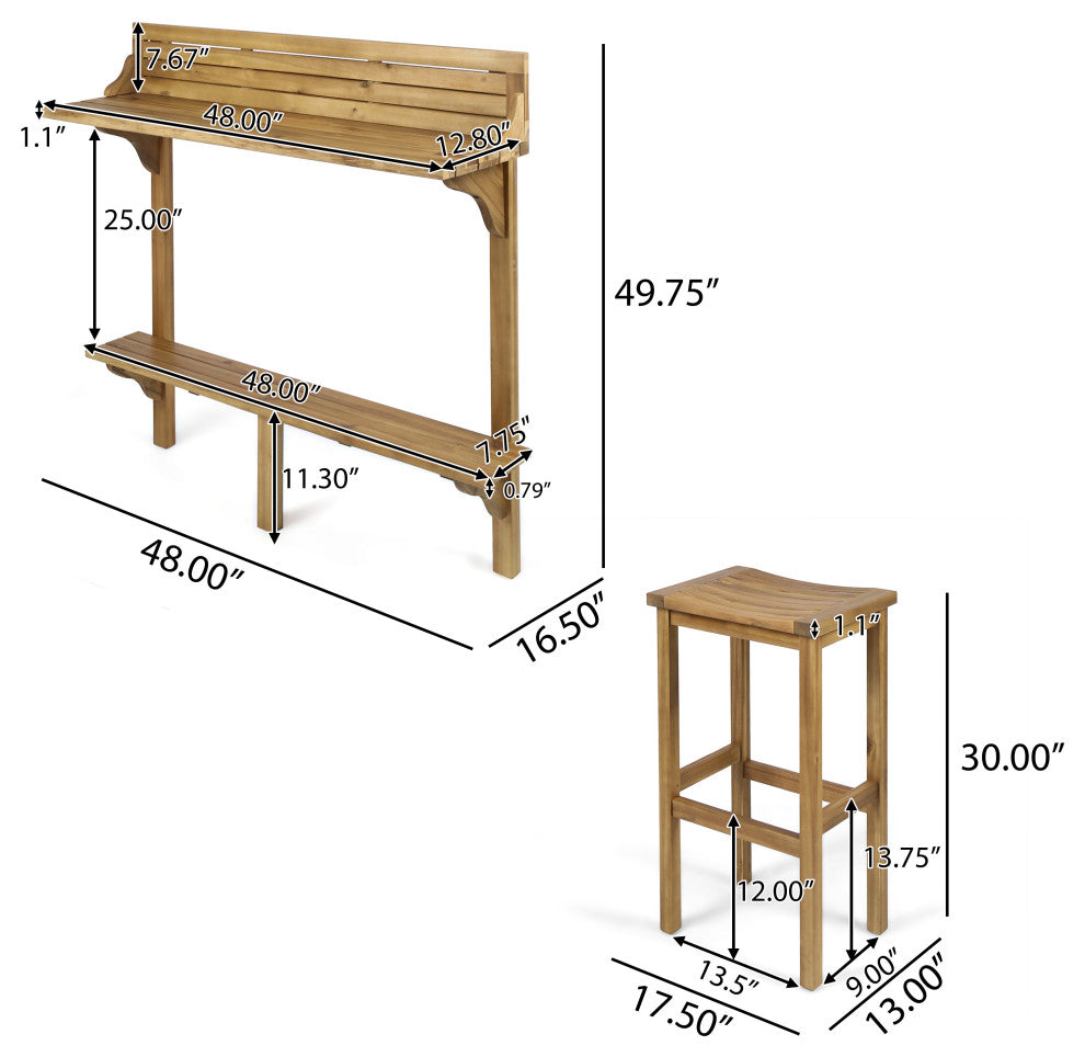 GDF Studio 3-Piece Cassie Outdoor Acacia Wood Balcony Bar Set, Natural Stained