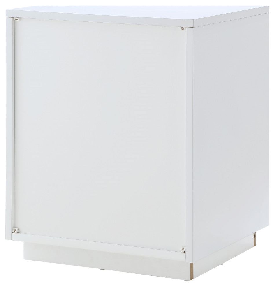 Leandro High Gloss Nightstand With Metal Corner Brackets, White