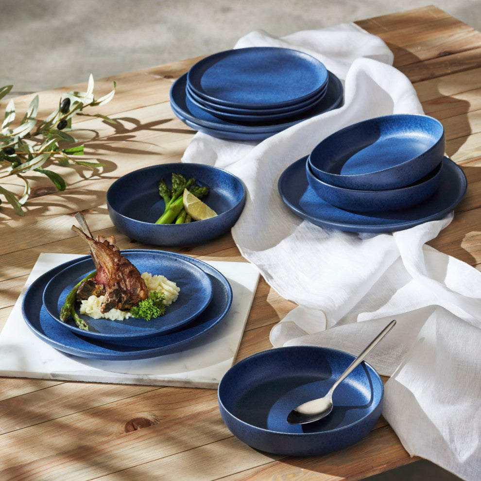 Porto by Stone Lain Macchio Stoneware Dinnerware Set, Blue Matte, 12-Piece
